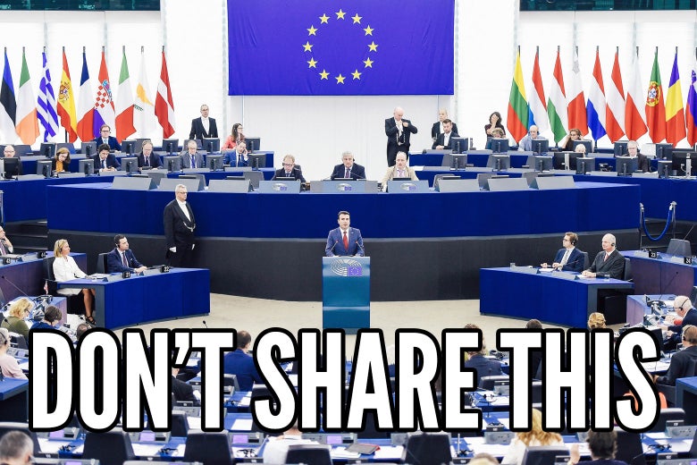 Meme text reading "Don’t Share This" imposed over a speech event by Macedonian Prime Minister Zoran Zaev.
